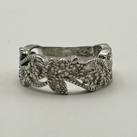 Sterling Silver 925 Wide Band Filigree Ring Clear CZ Accents Size 7 - Picture 7 of 10